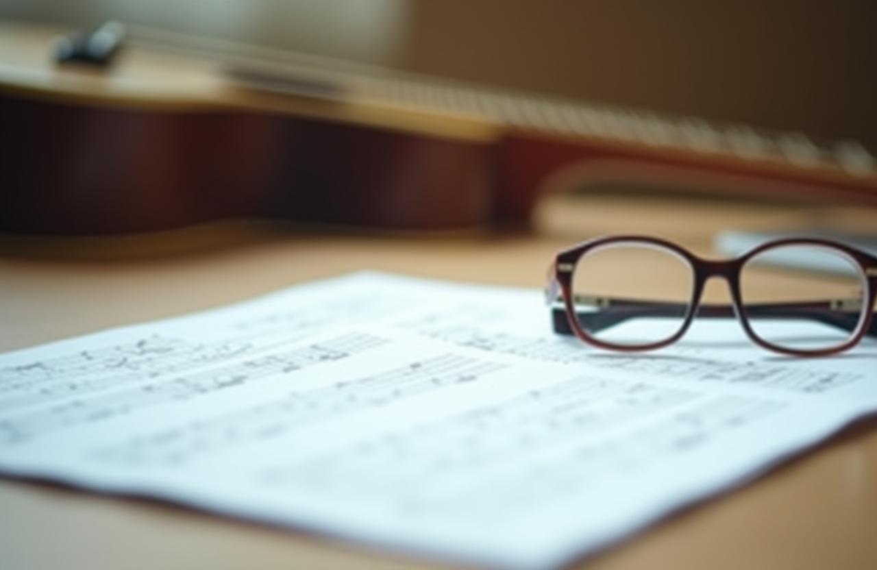 Legal documents and music sheets on a wooden desk