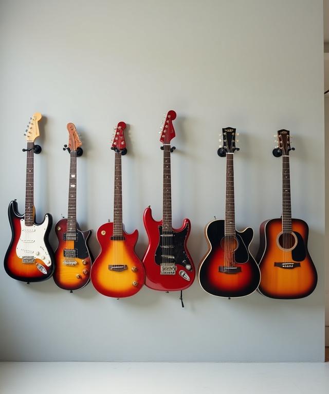 Guitars hanging on the studio wall