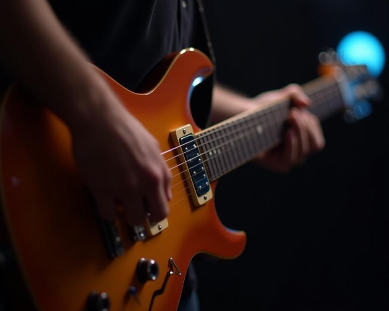 Close up of hands playing an acoustic guitar in a bright Brooklyn music studio