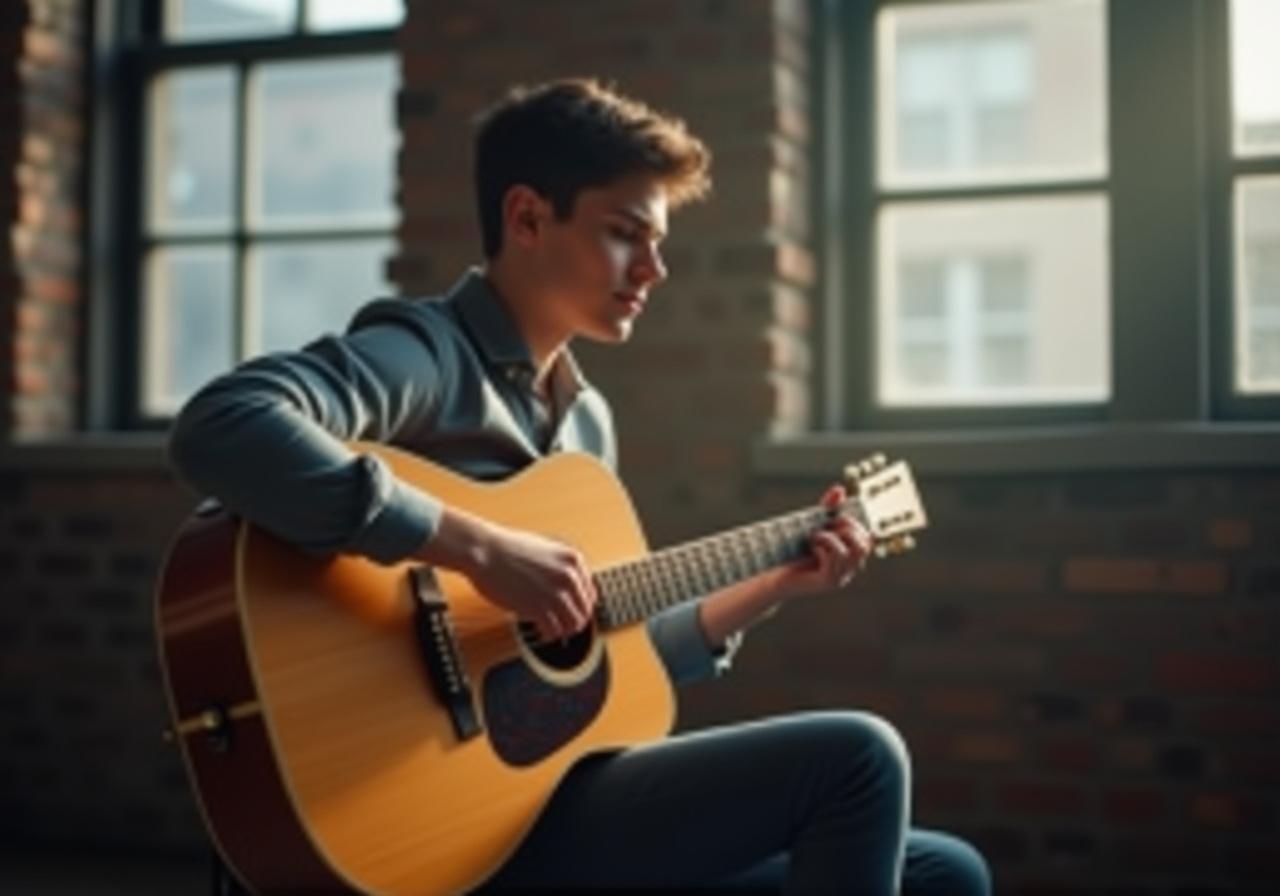 Student practicing guitar in a sunlit NY studio