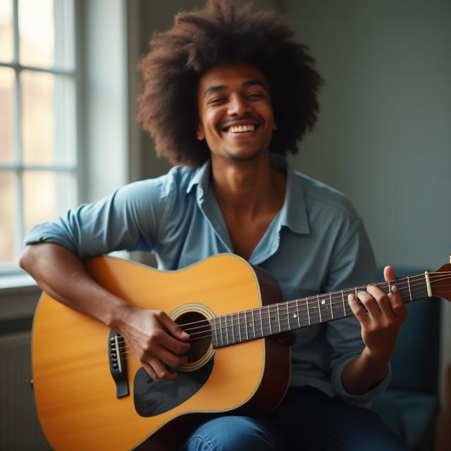 Student happily playing a guitar in Brooklyn studio
